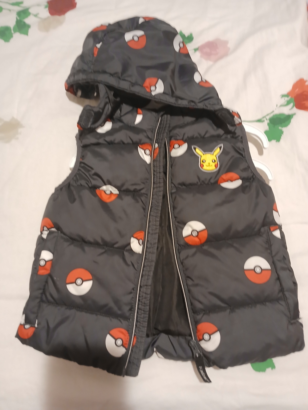 H&M Black Kids Puffer Vest with Red & White Poké Ball Detail